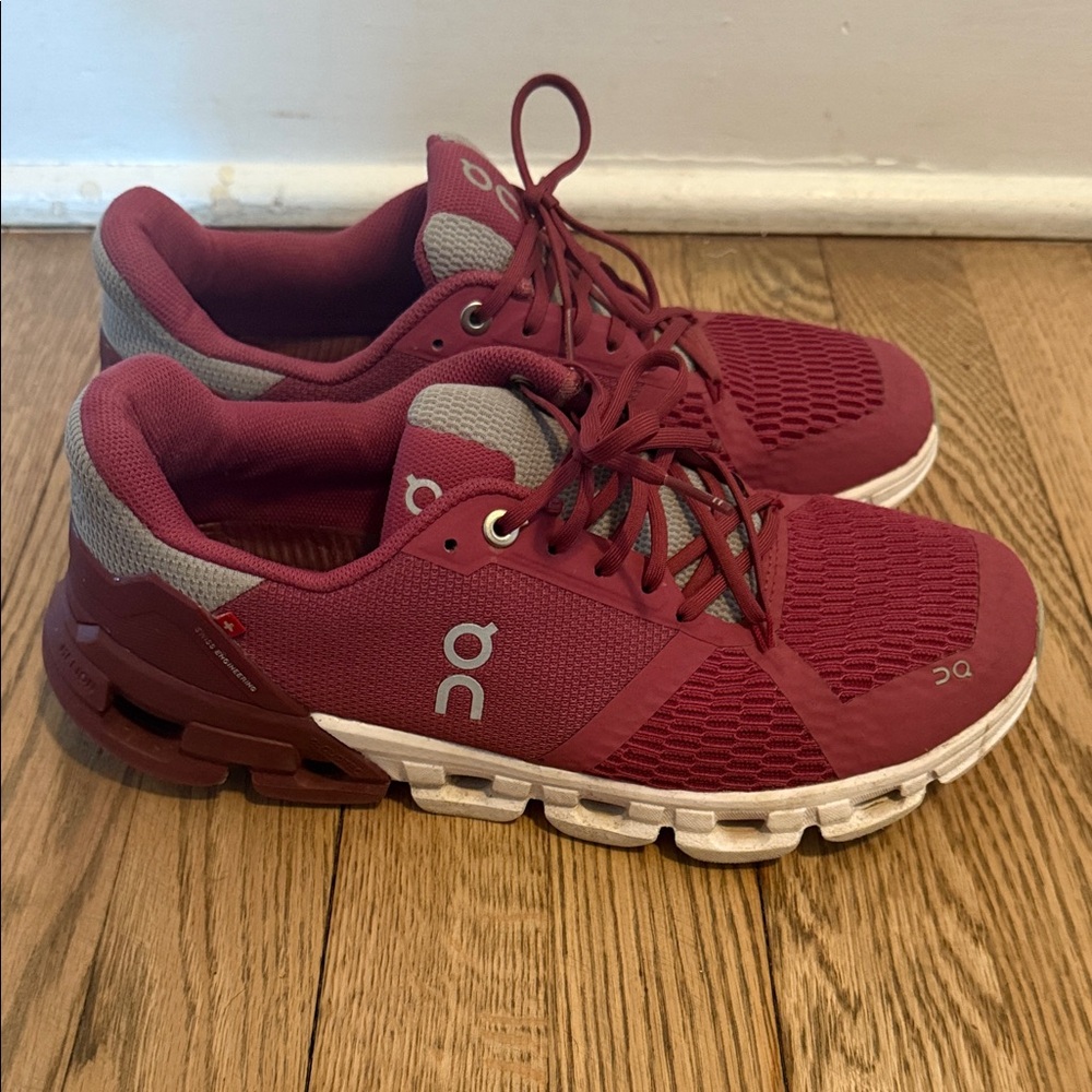 On Running Burgundy and Gray Athletic Shoes